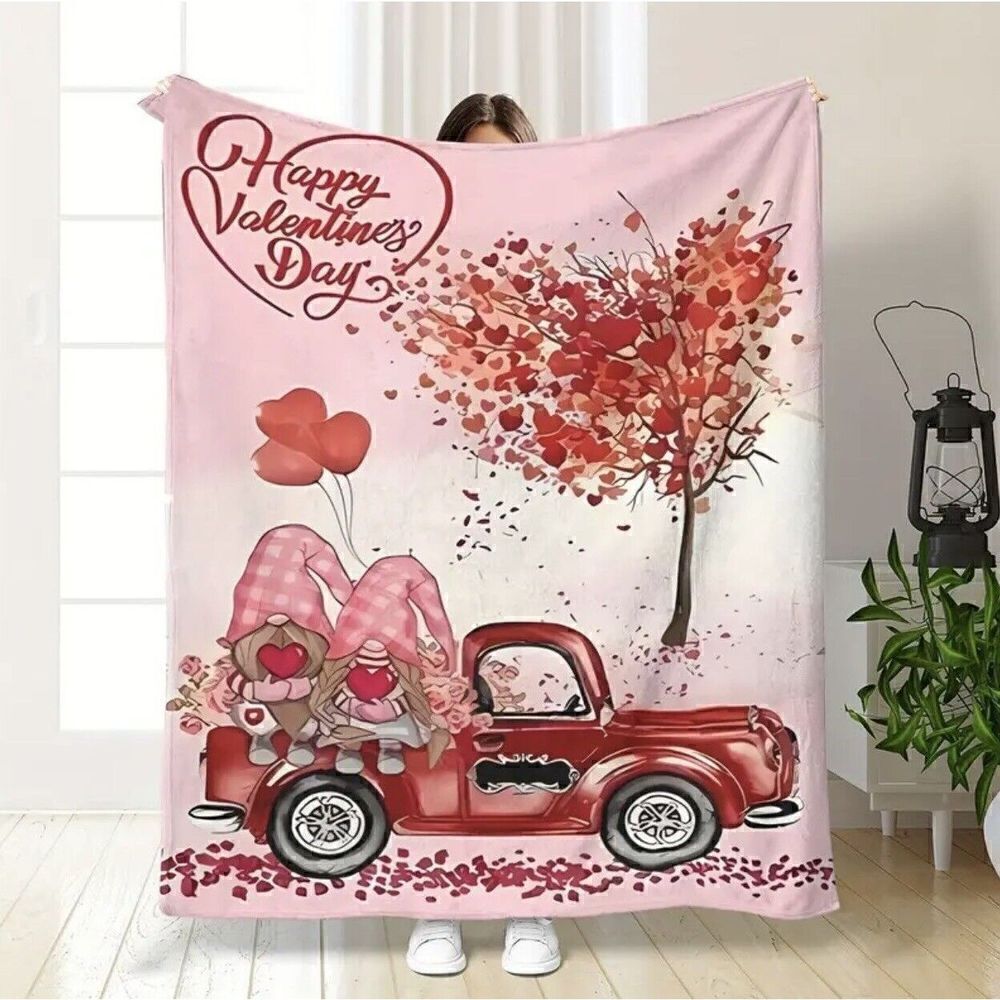 Happy Valentine Day Red Truck Gnomes Throw Blanket. 50”x60”. Ultra Soft. NWT. 2